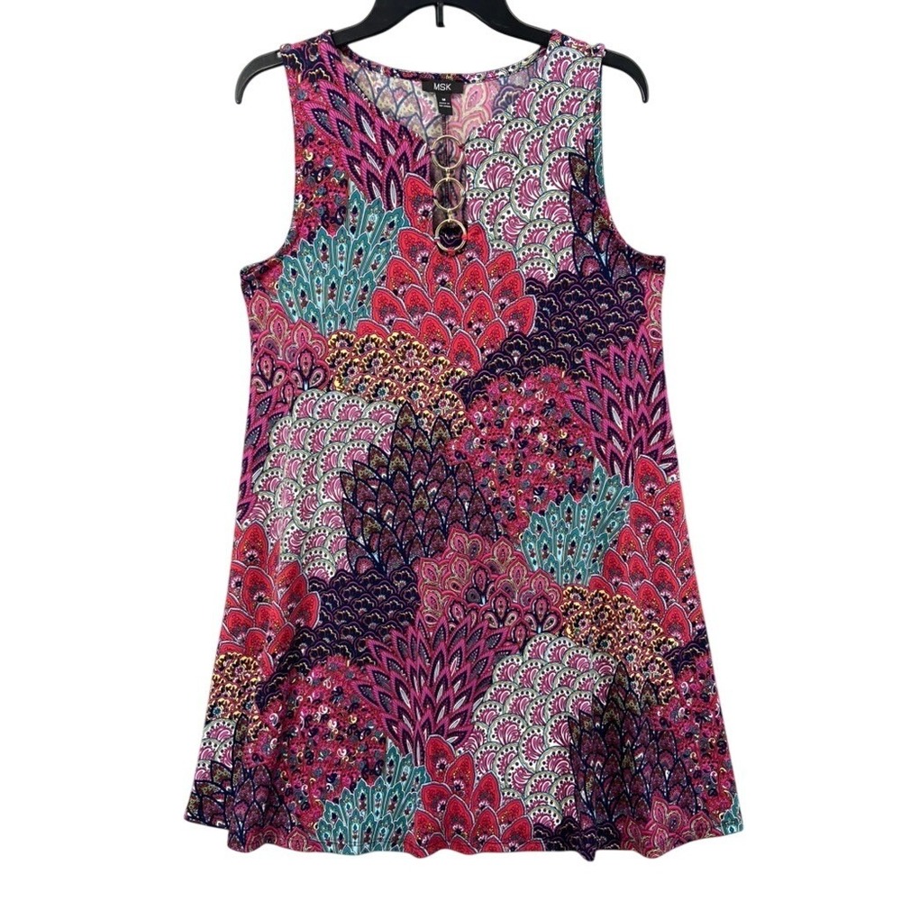 MSK Dress Womens Sz M Shift Multi Color Mini Paisley Ring‎ Neck Sleeveless